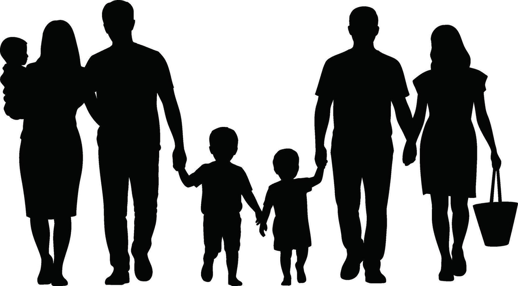 Black Silhouette Families Walking Together Holding Hands with Children vector