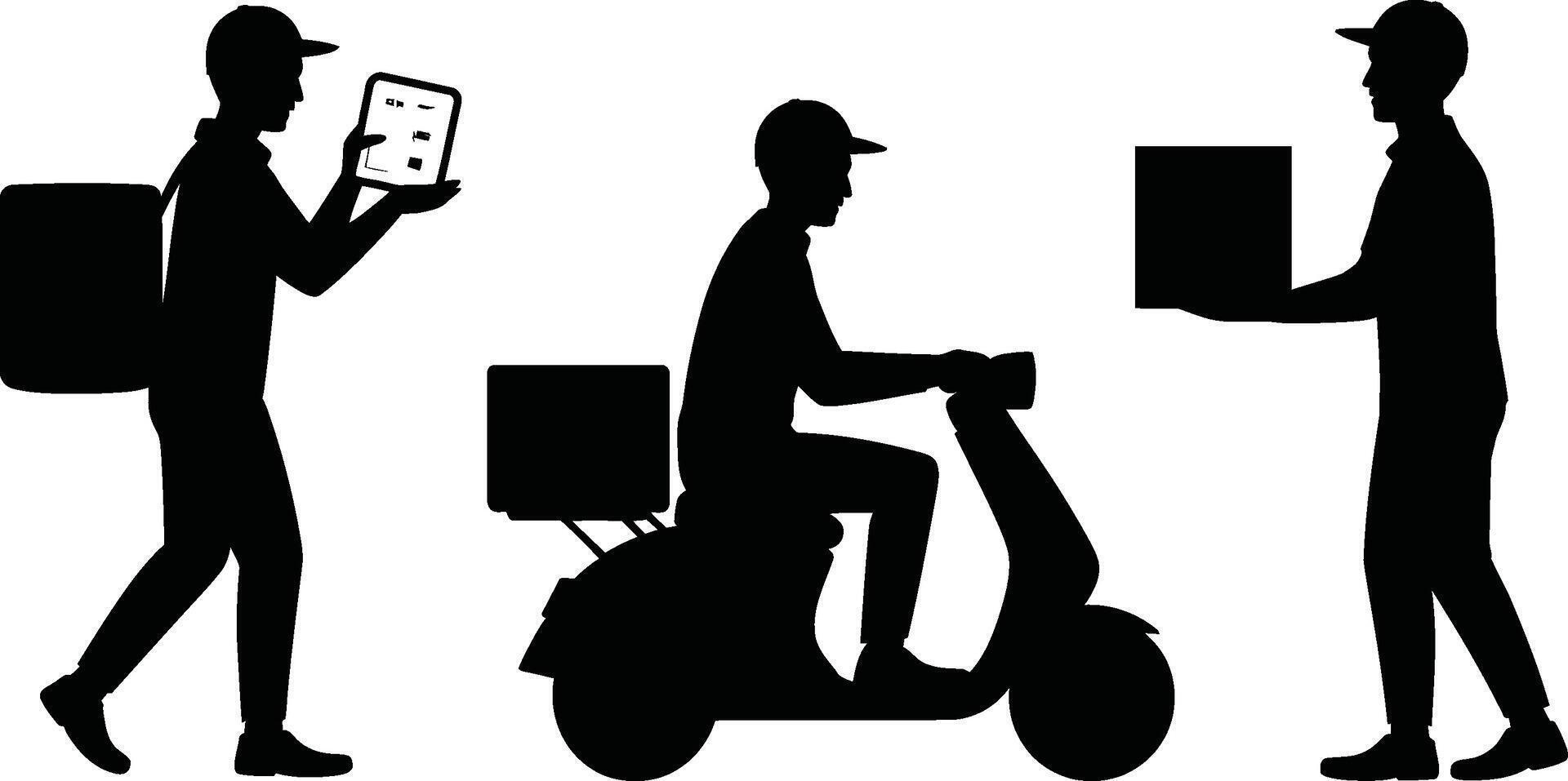 Delivery Workers Silhouettes with Tablet Scooter and Boxes on White Background vector