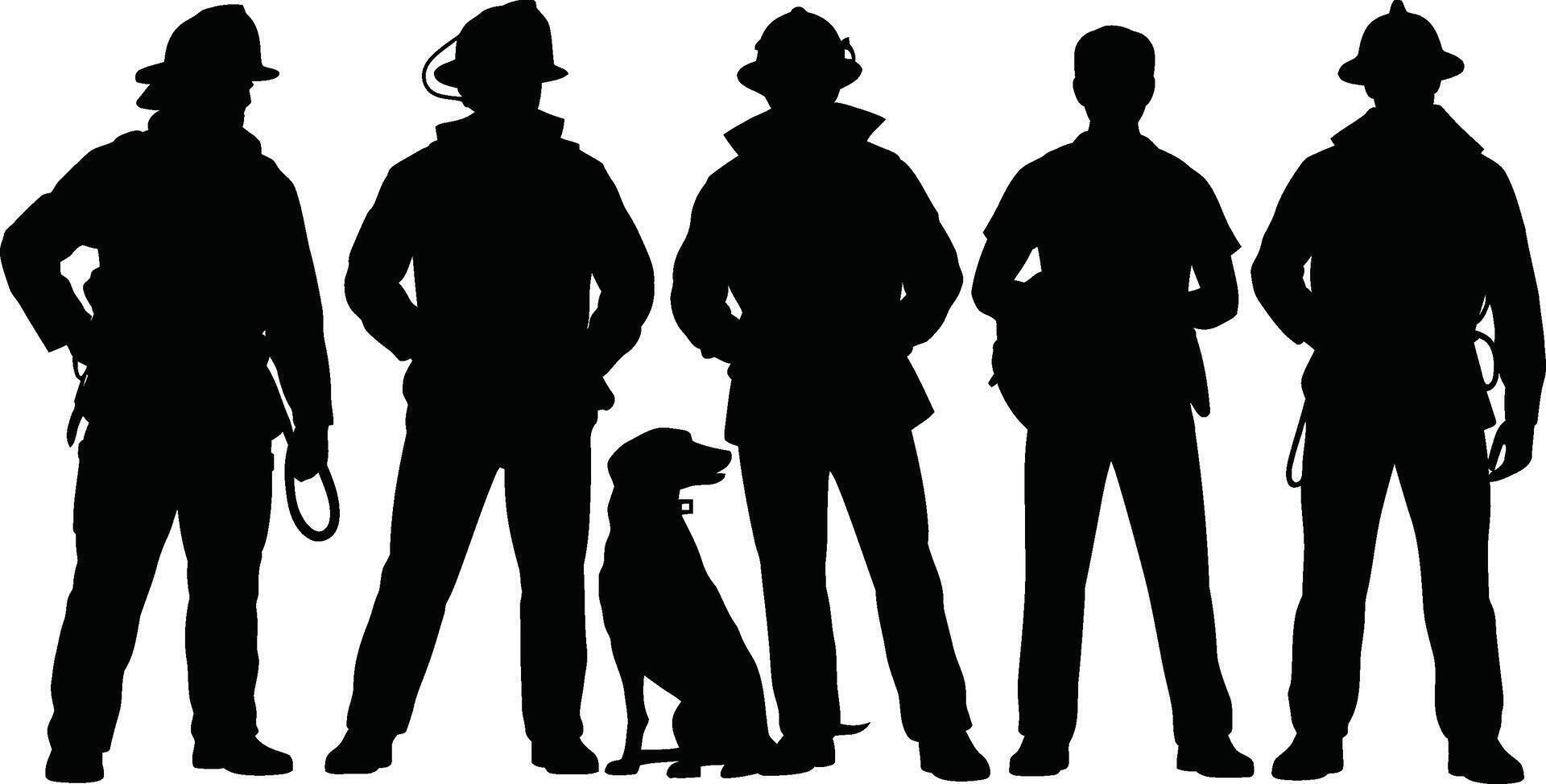 Silhouetted Firefighters and Dog Standing in a Row Against White Background vector