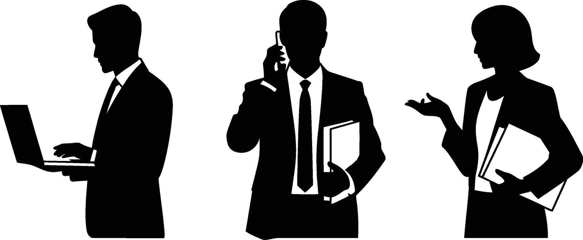 Black Silhouettes of Business Professionals with Laptop Phone and Folders on White Background vector