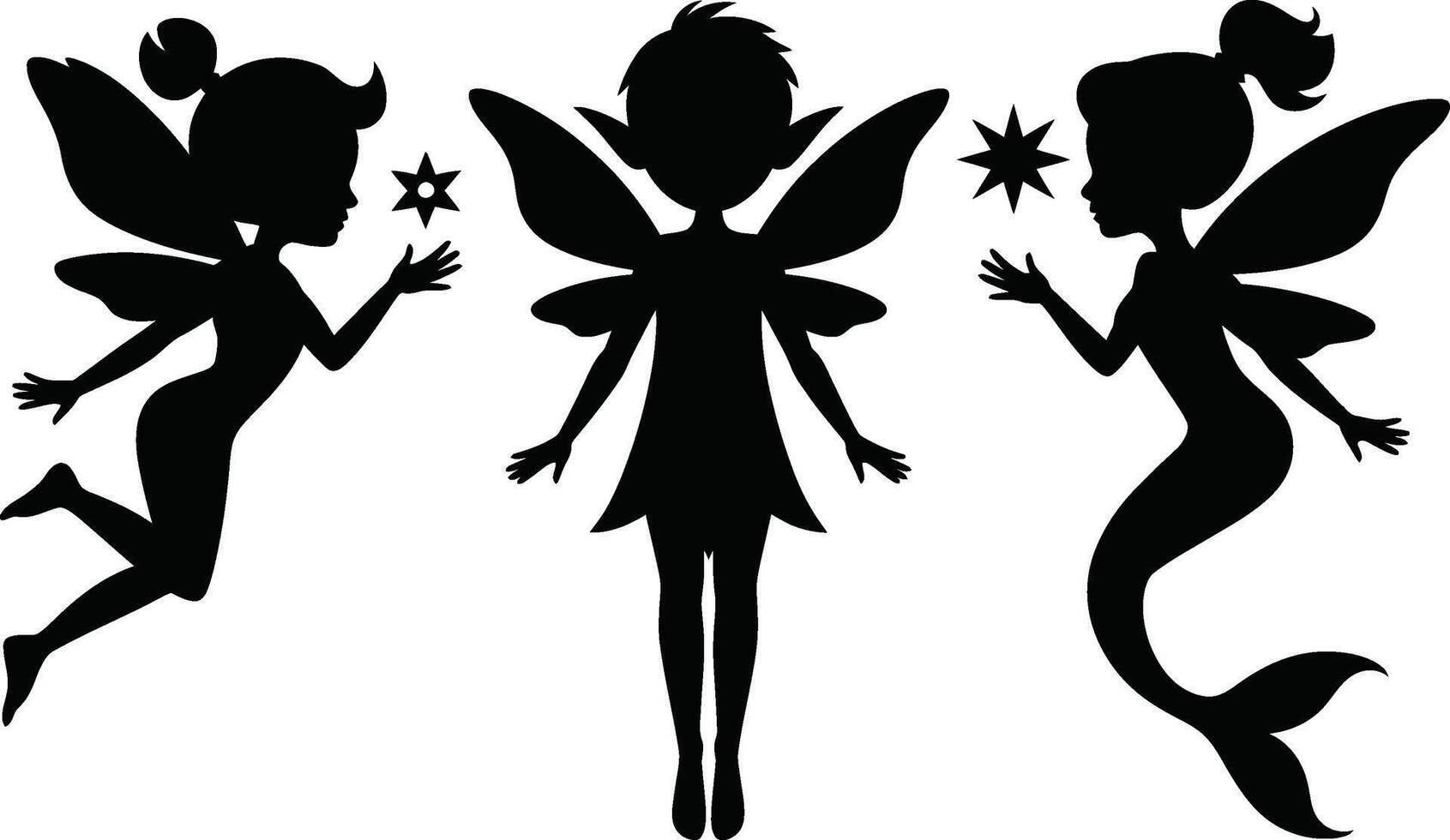 Black Fairy Silhouettes with Wings and Stars on White Background vector