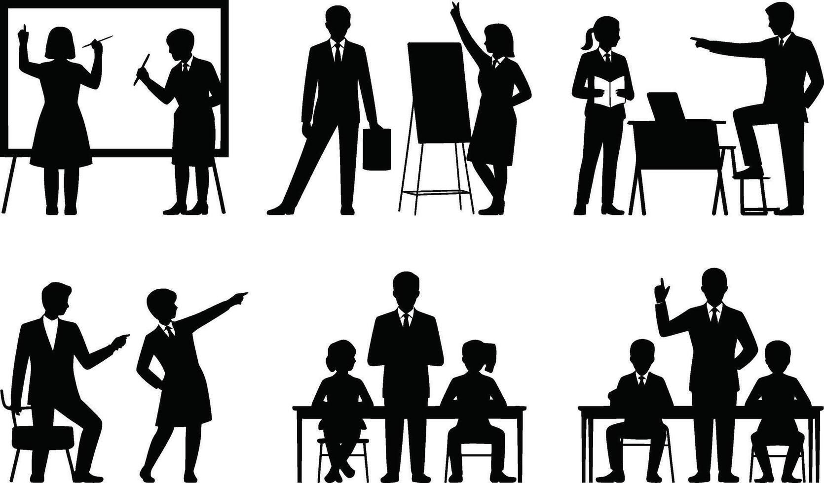 Silhouetted Figures in Business Attire Presenting and Teaching on White Background vector