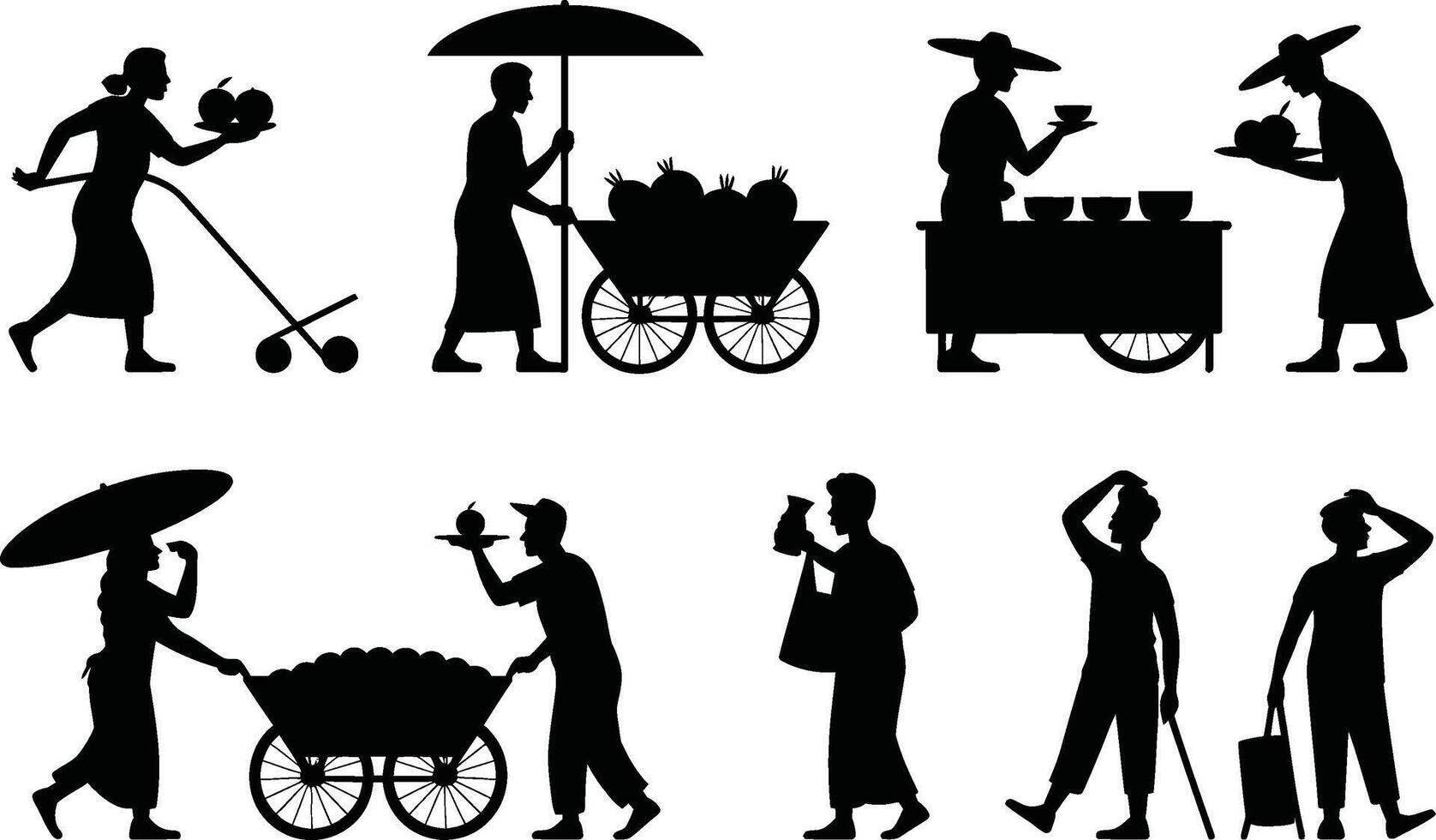 Black Silhouettes of Street Vendors and People with Various Items vector