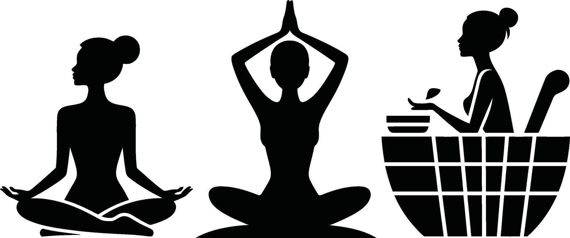 Silhouetted Figures in Yoga Meditation and Spa Relaxation Black and White vector