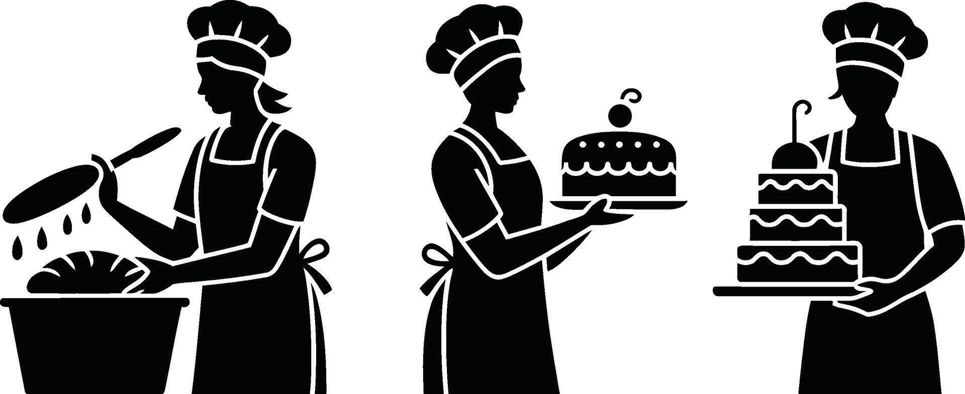 Black and White Bakers with Bread and Cakes Silhouettes vector