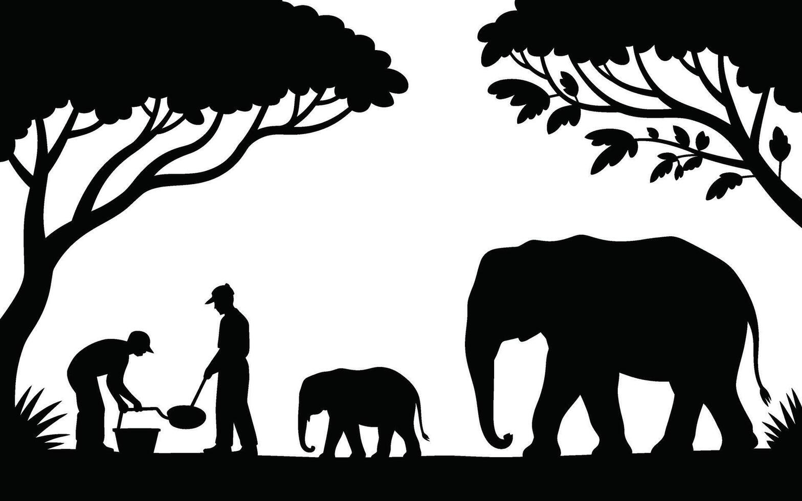 Silhouette of Elephants and Keepers with Trees on White Background vector