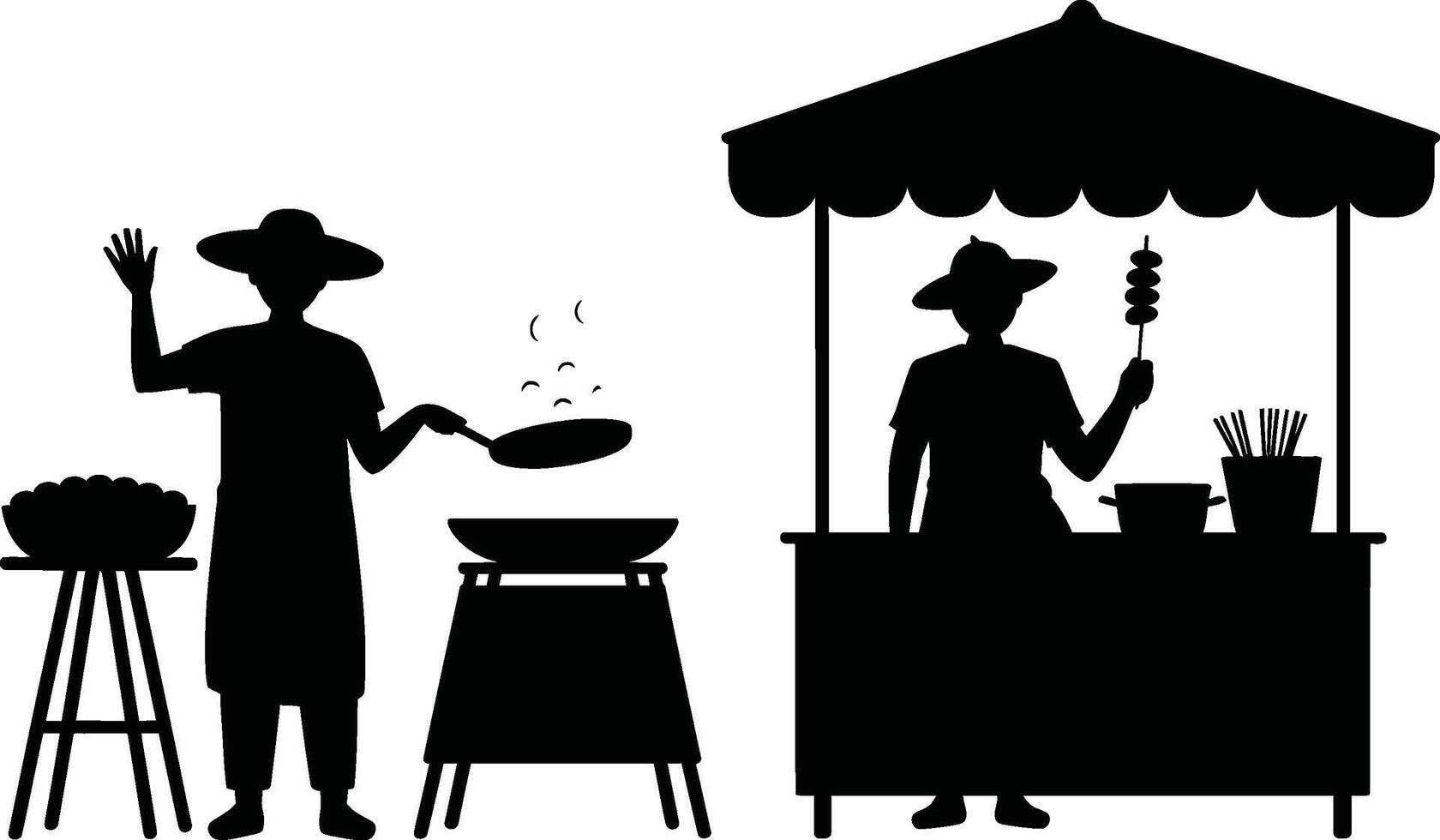Black Silhouette Street Food Vendors Preparing and Serving Dishes vector