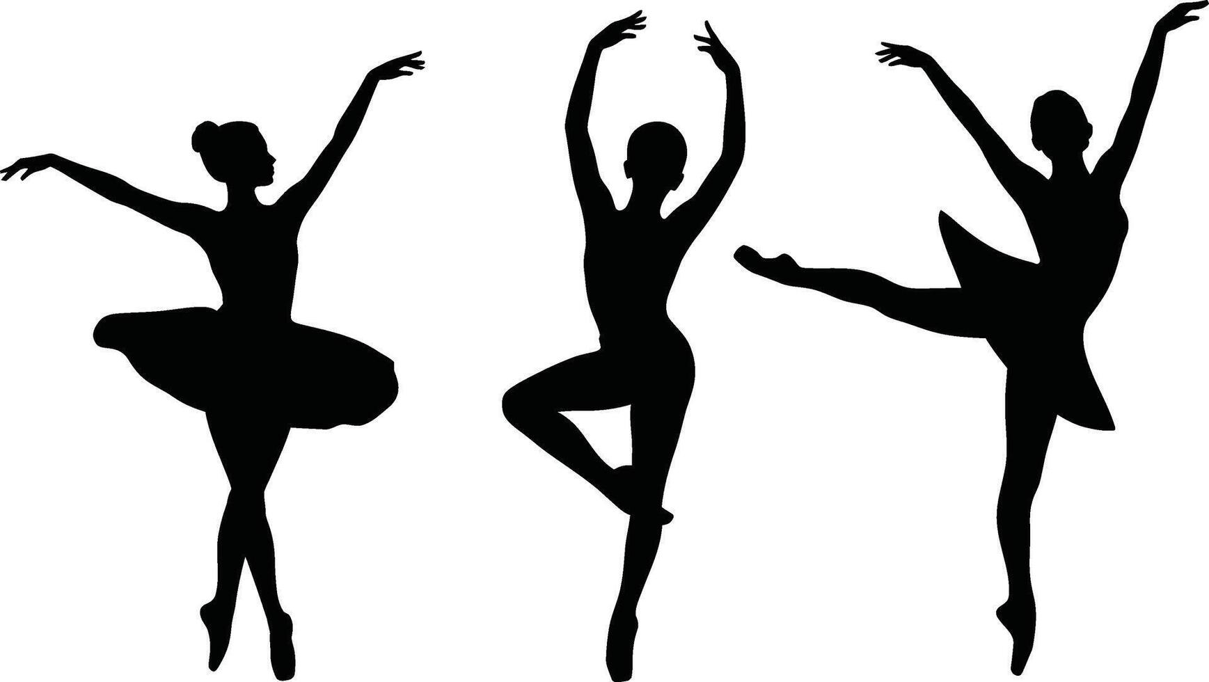 Black silhouettes of three ballet dancers in various poses on white background vector