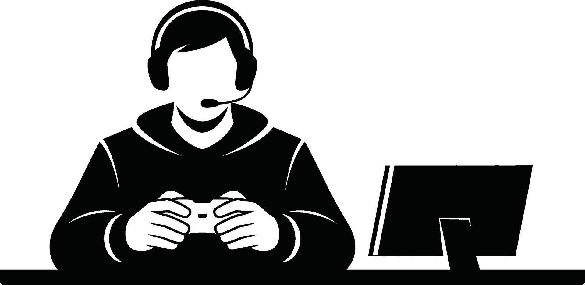 Black and White Gamer with Headset Controller and Monitor Illustration vector