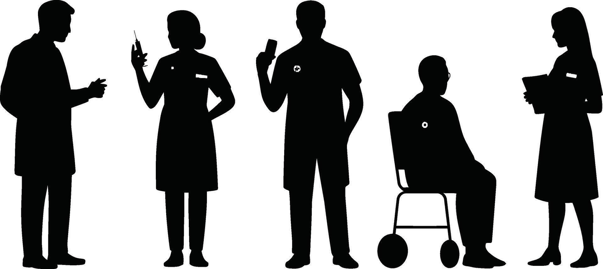 Silhouetted Medical Professionals and Patient in Various Poses on White Background vector