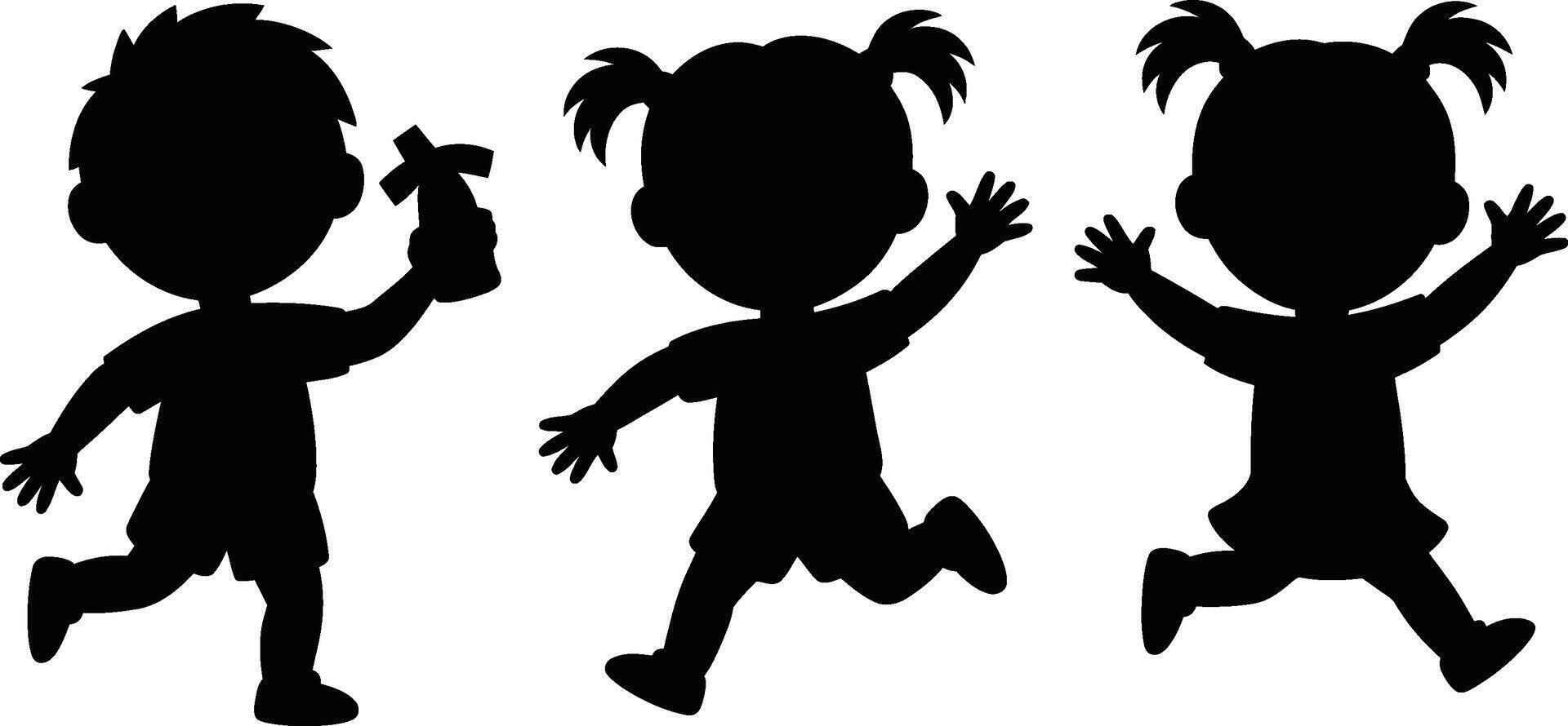Black Silhouettes of Children Running with Cross and Raised Arms vector