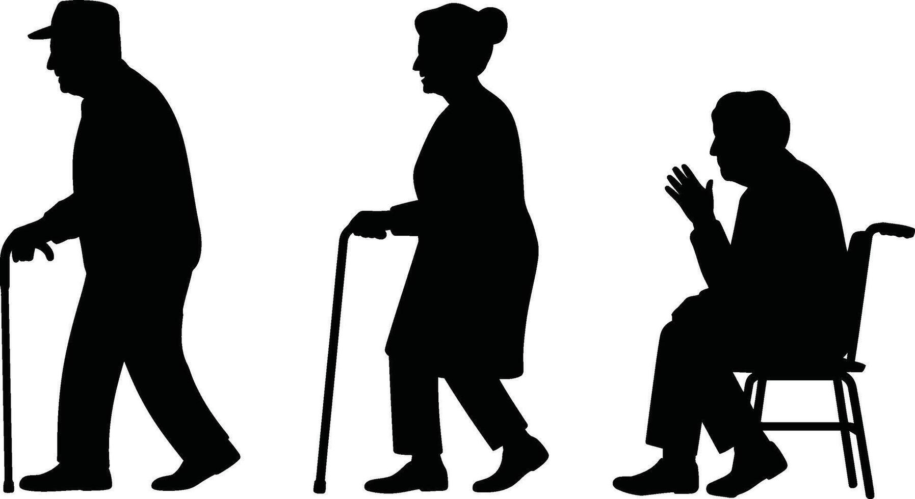 Silhouettes of Elderly People Walking and Sitting with Canes and Wheelchair vector