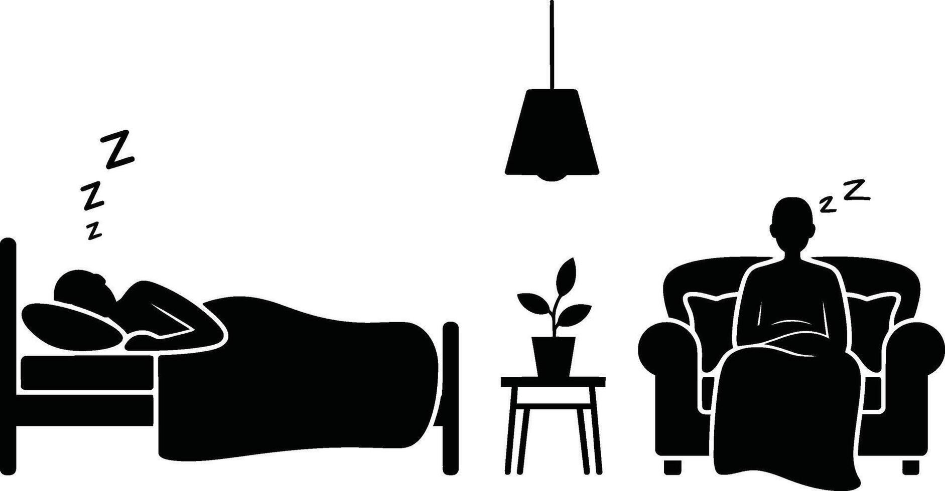 Black and White Illustration of Bedroom and Living Room Scenes with People Sleeping vector