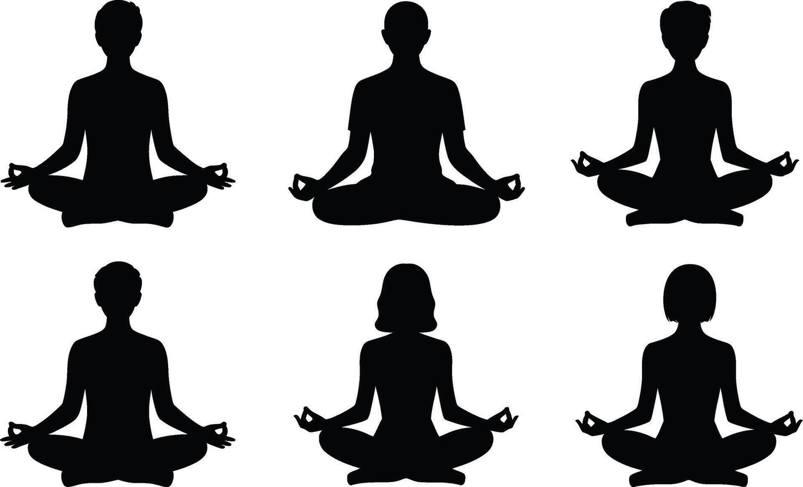 Six Black Silhouettes of People Meditating in Lotus Position vector