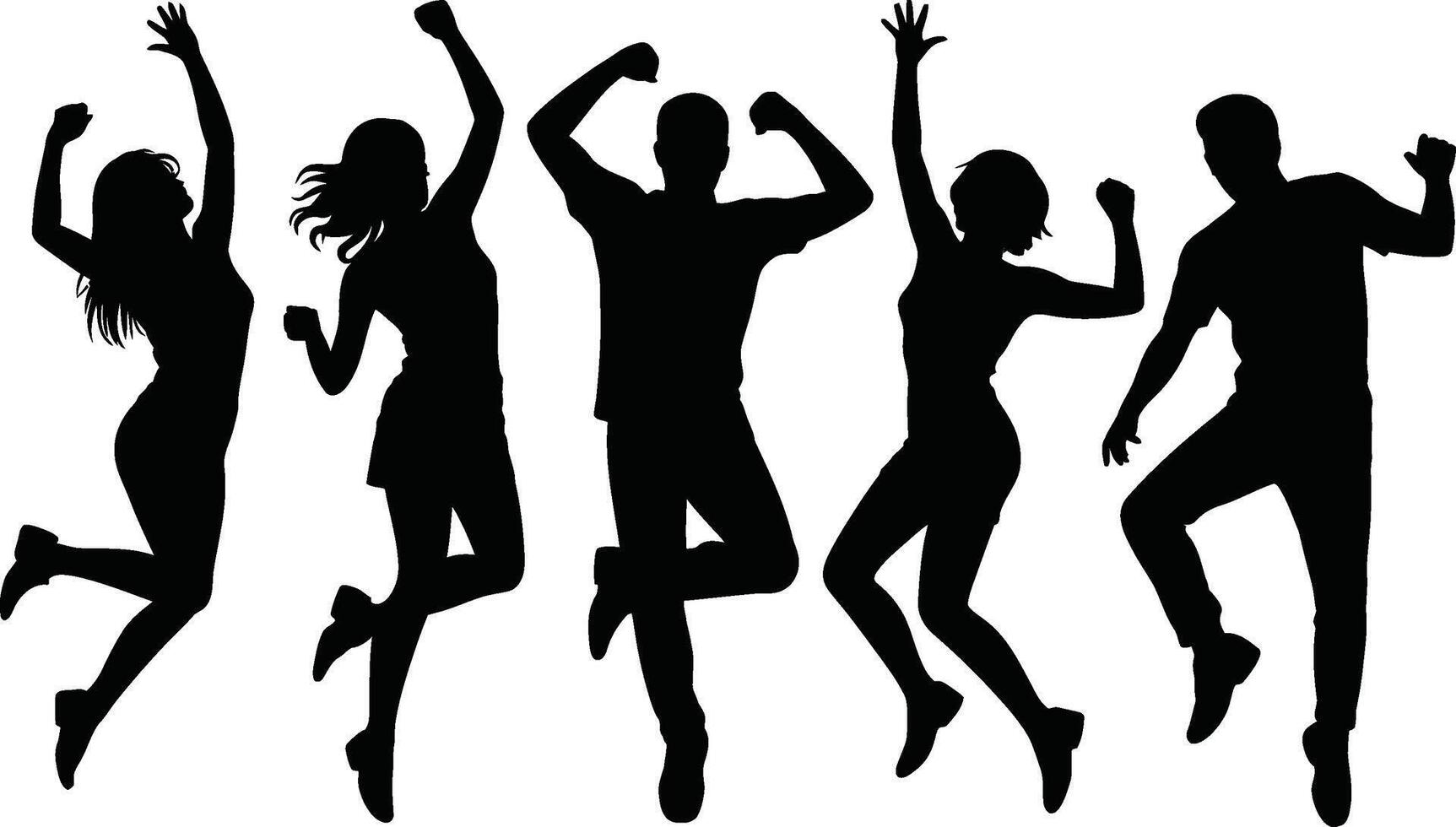 Black Silhouettes of Five People Dancing and Jumping in Celebration vector