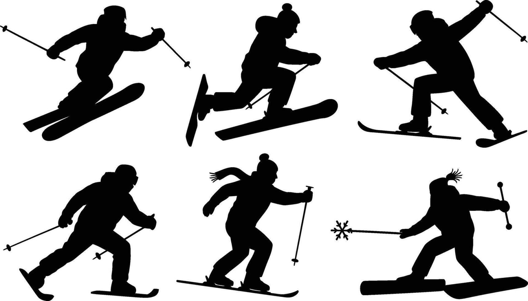 Black Silhouettes of Skiers in Action Posing with Ski Poles on White Background vector