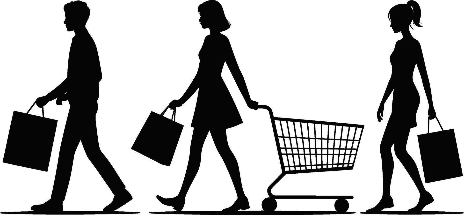 Black Silhouettes of Shoppers with Shopping Bags and a Cart Walking vector
