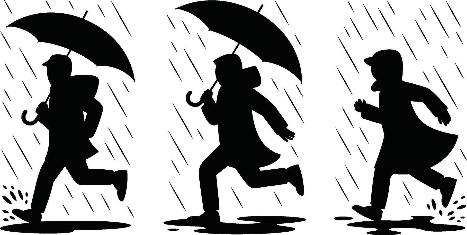 Black Silhouettes of People Running in Rain with Umbrellas and Raincoats vector