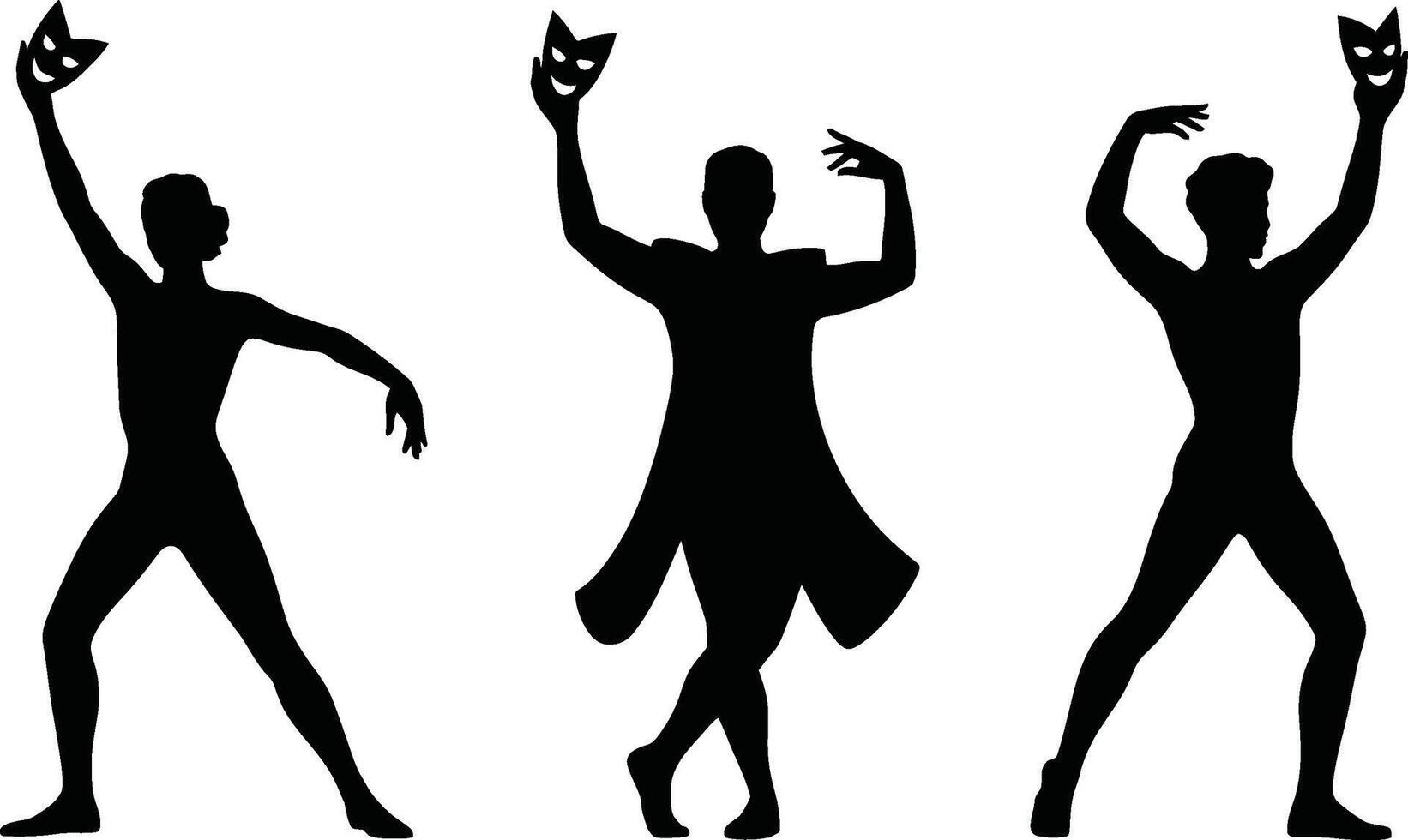 Silhouetted Figures Holding Masks in Theatrical Poses Against White Background vector