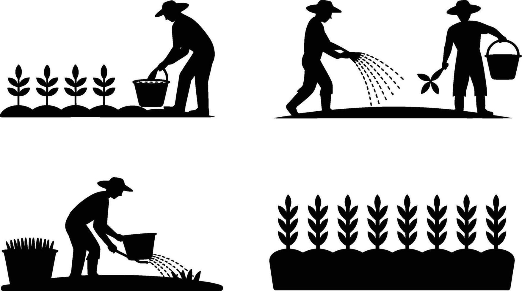 Silhouettes of Farmers Watering and Tending Crops in Black and White vector
