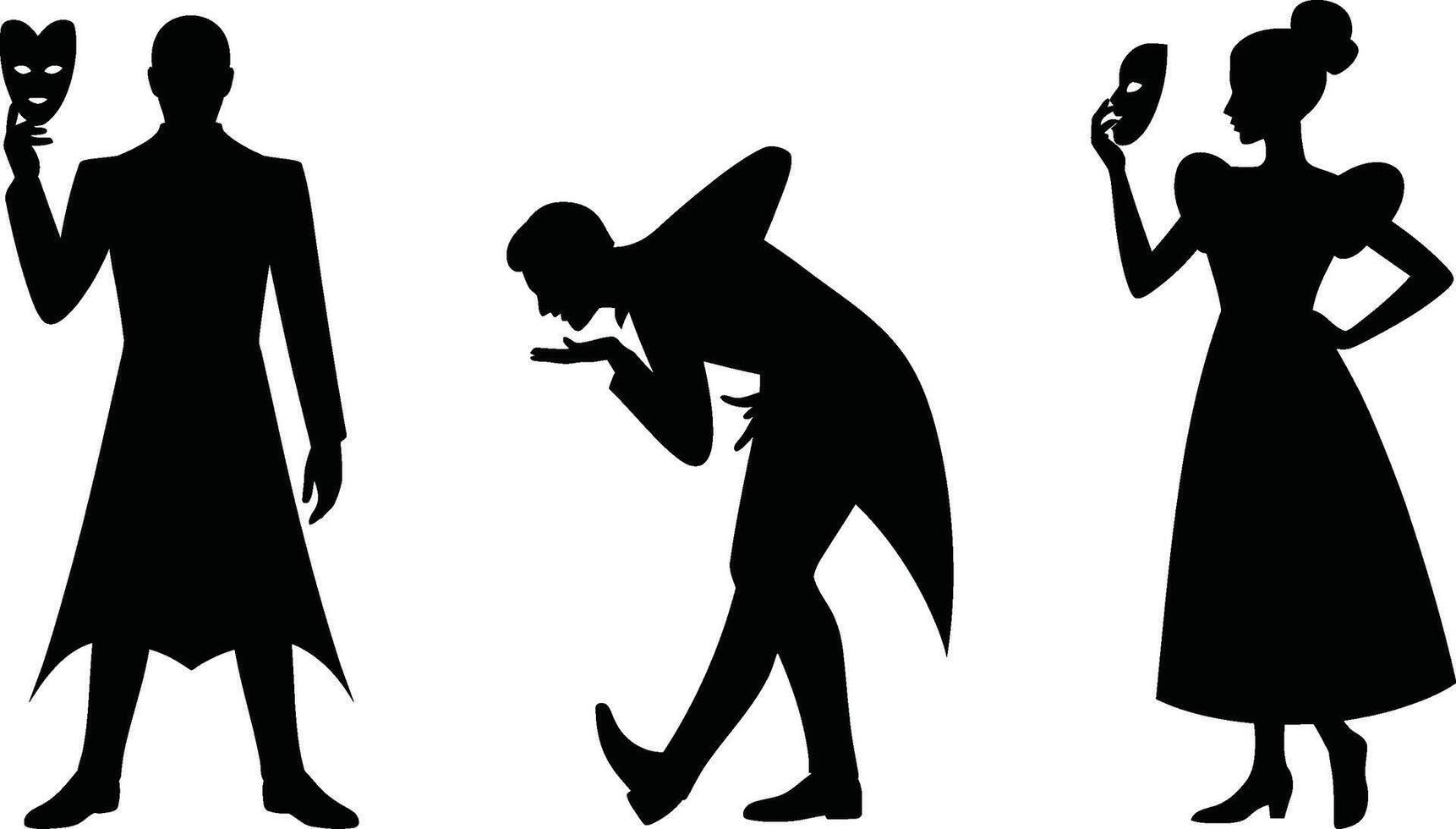 Black Silhouettes of Three People with Masks on White Background vector