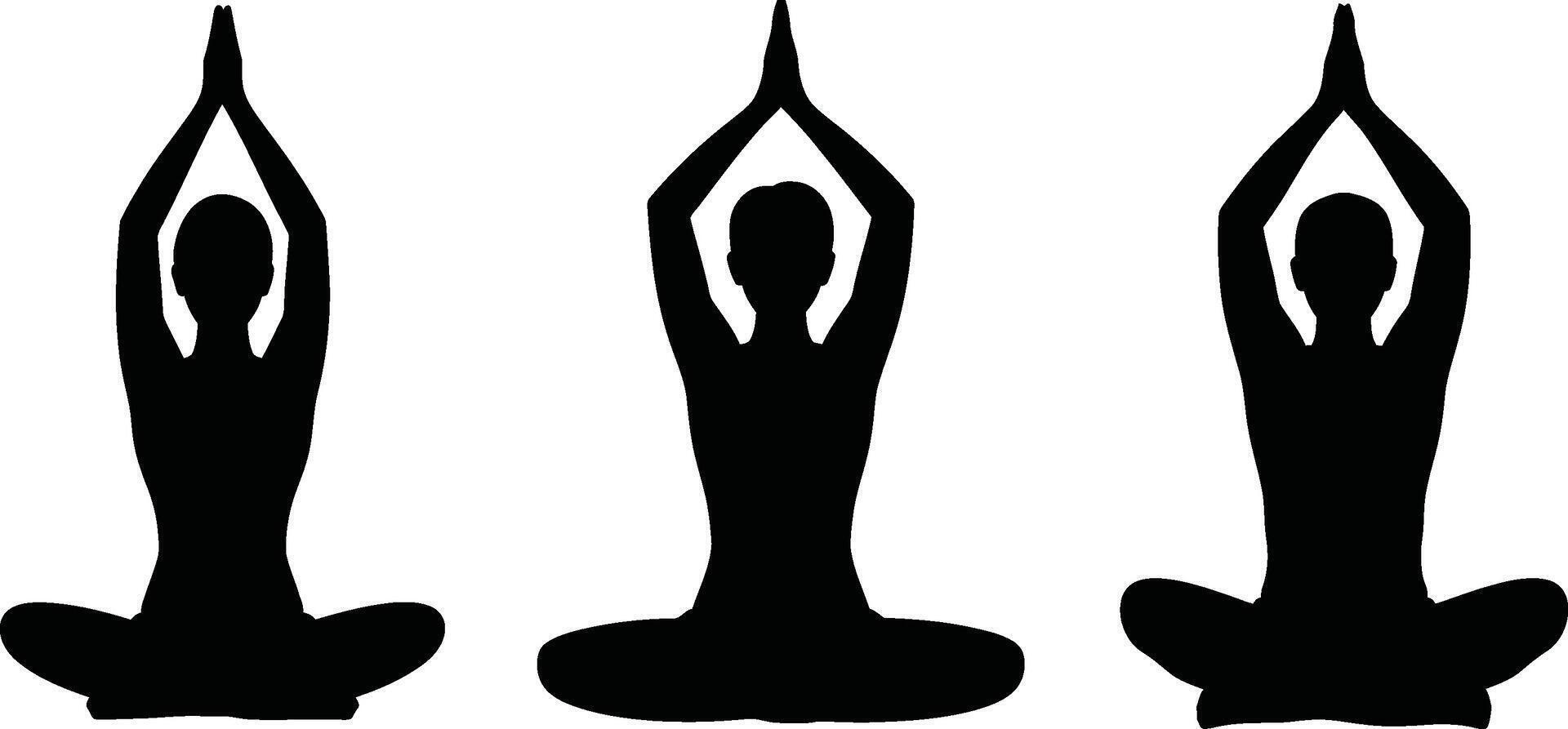 Three Black Silhouettes in Yoga Pose with Arms Raised Above Head vector