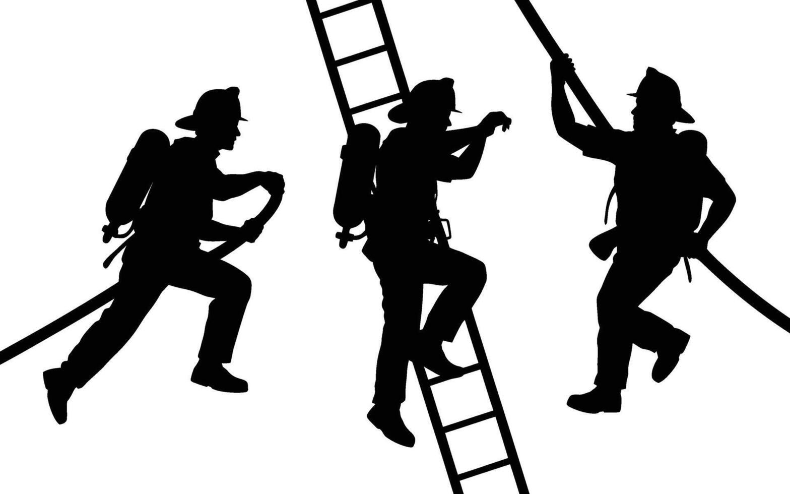 Silhouetted Firefighters in Action Climbing Ladder and Holding Hose vector