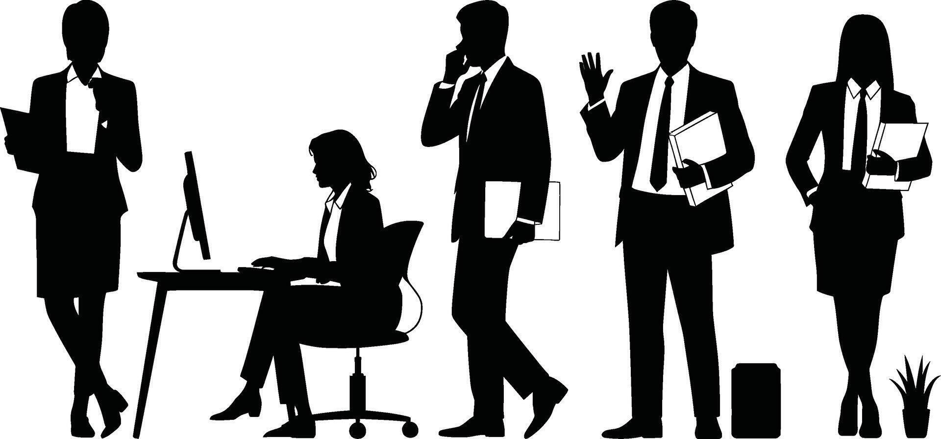 Silhouetted Business People in Suits Working and Interacting on White Background vector