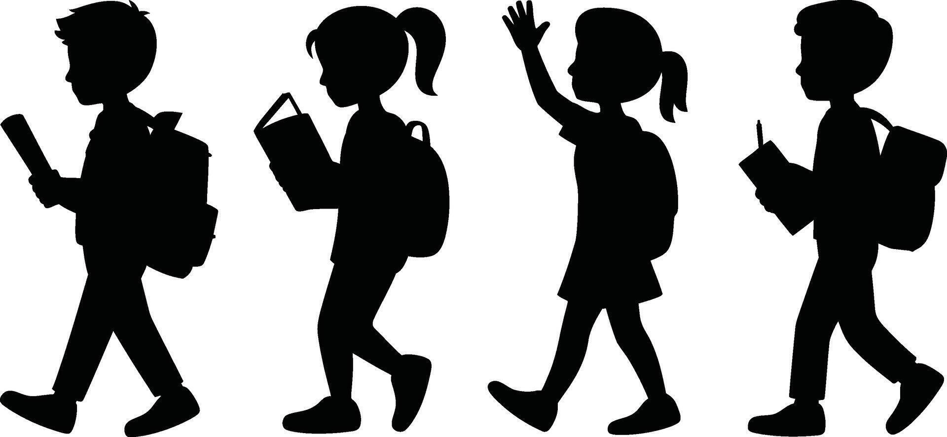 Black Silhouettes of Students Walking with Backpacks Books and a Raised Hand vector