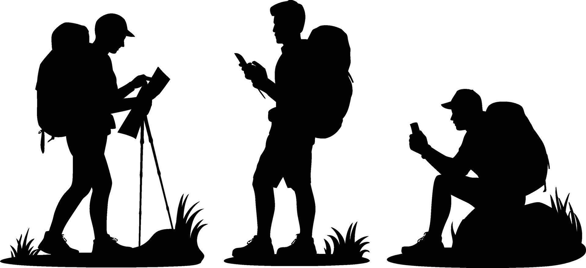 Black Silhouettes of Hikers with Backpacks Using Map and Smartphones vector