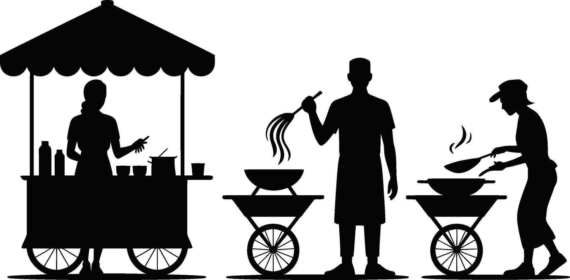 Black Silhouette Street Food Vendors with Carts and Cooking Utensils vector