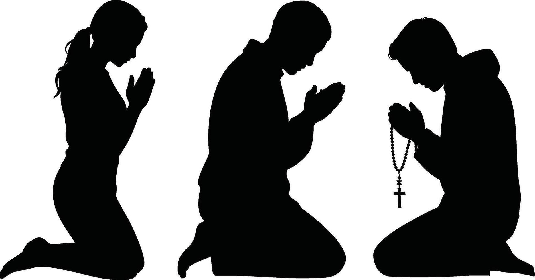 Black Silhouettes Kneeling in Prayer with Rosary and Cross vector