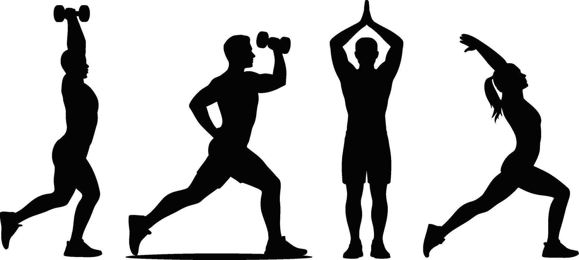 Silhouetted Figures Performing Fitness Exercises with Dumbbells and Poses vector