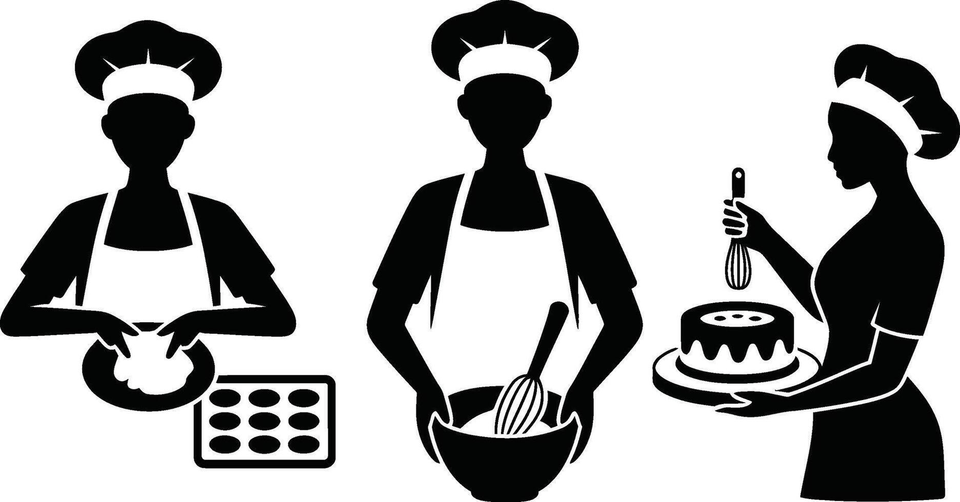 Black and White Bakers Preparing Food with Cake and Baking Tools vector