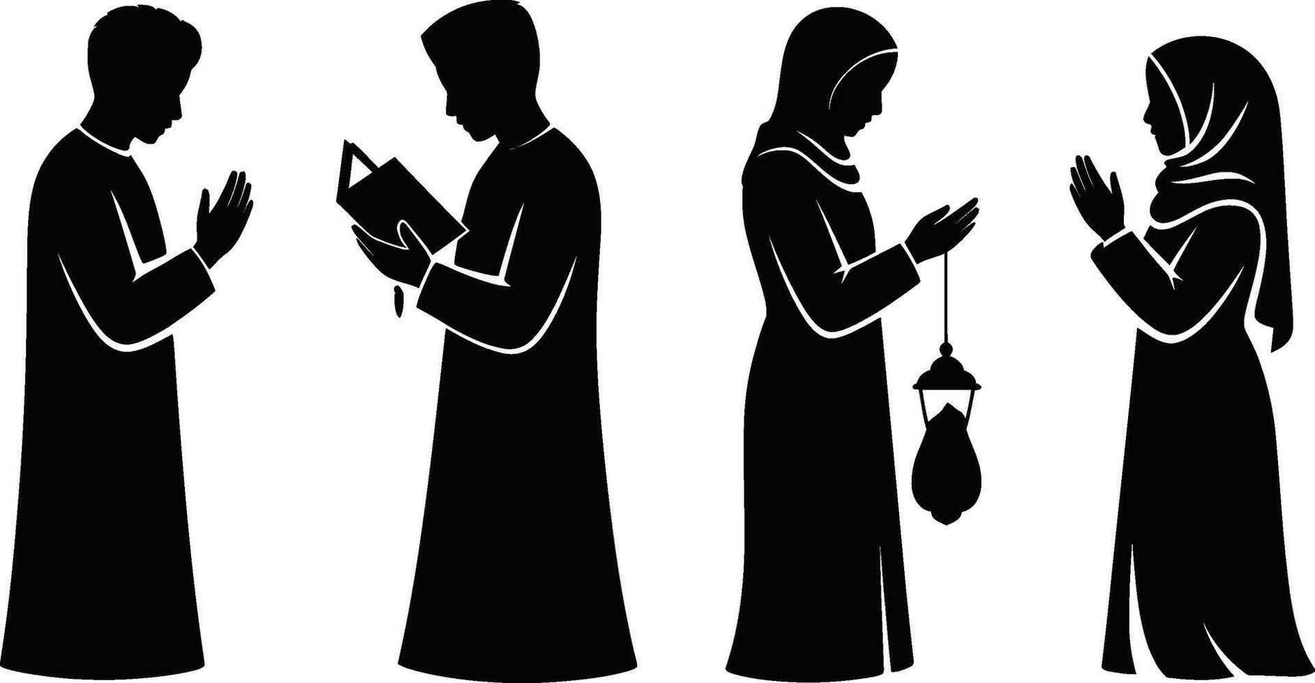 Black Silhouette Figures Praying Reading Holding Lanterns on White Background vector