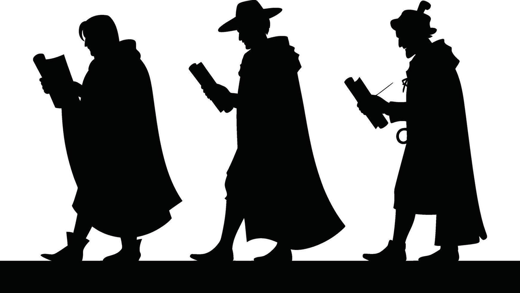 Three Black Silhouetted Figures in Robes Reading Scrolls Walking vector