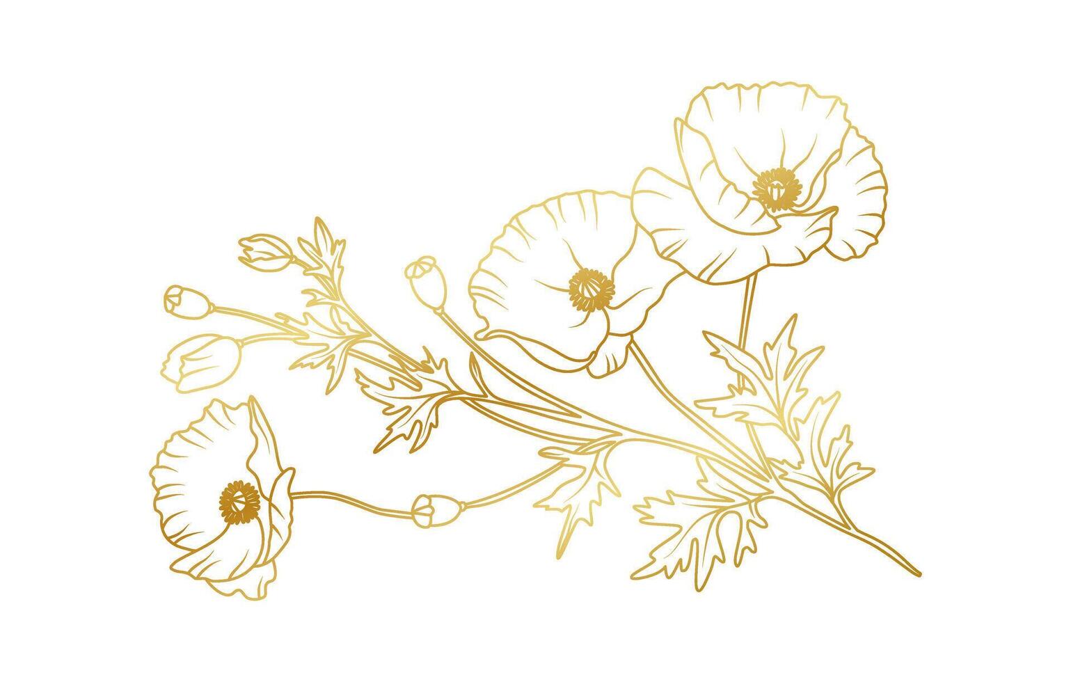 Golden poppy flowers line art isolated on white background. Luxury poppy floral design elements for invitation, wedding, wallpaper, print brochure template illustration vector