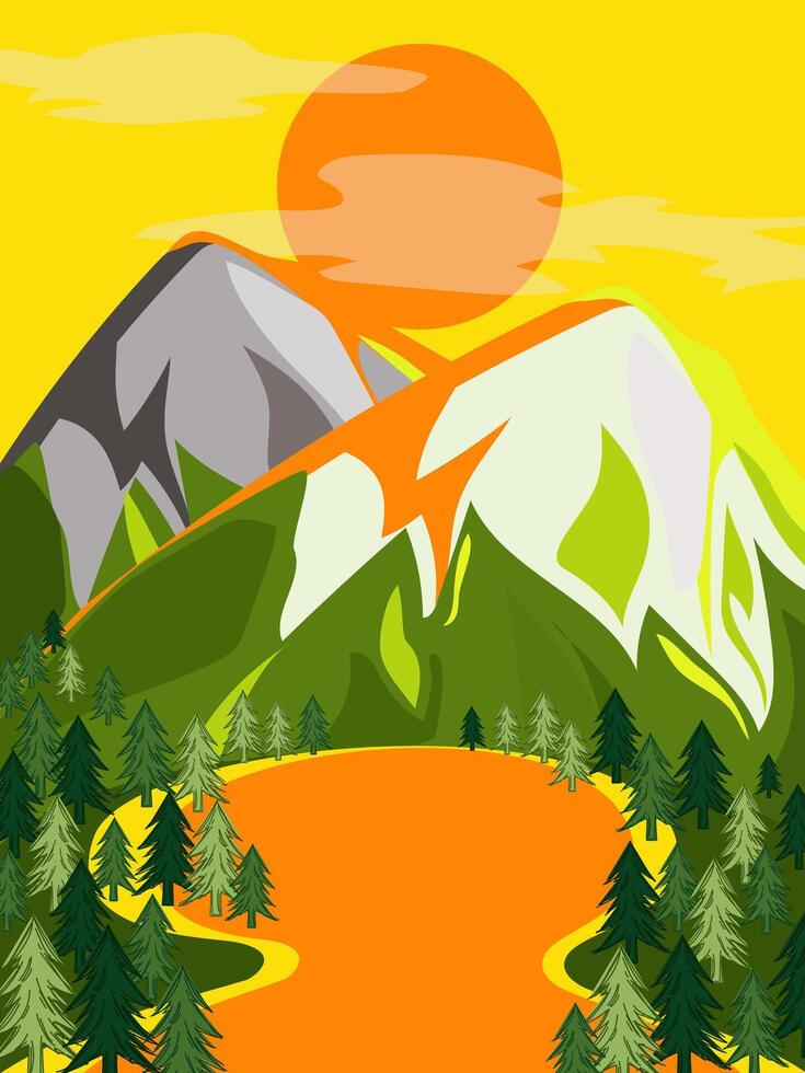 Mountain landscape with coniferous forest in the evening sunset. vector