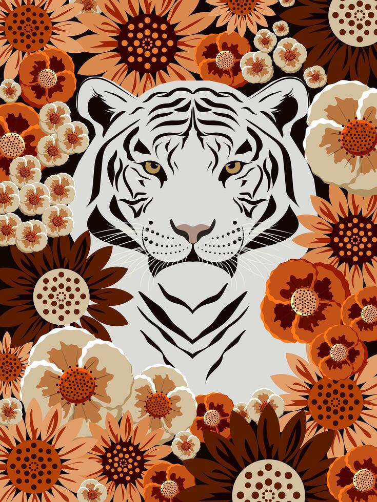 White tiger with floral patterns vector