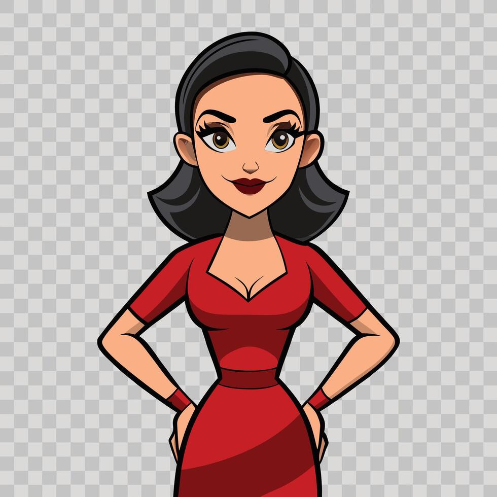 Cartoon woman in red dress standing with hands on hips vector