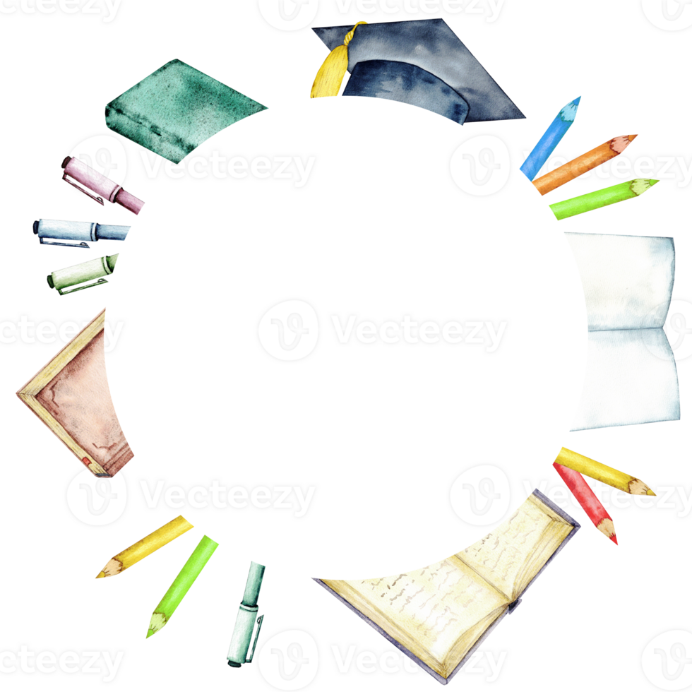 Creative back to school round frame with books, pencils, and graduation cap. Start of school year. Circle template. Copy space. Watercolor illustration. Hand drawn. Isolated. Free space for text png