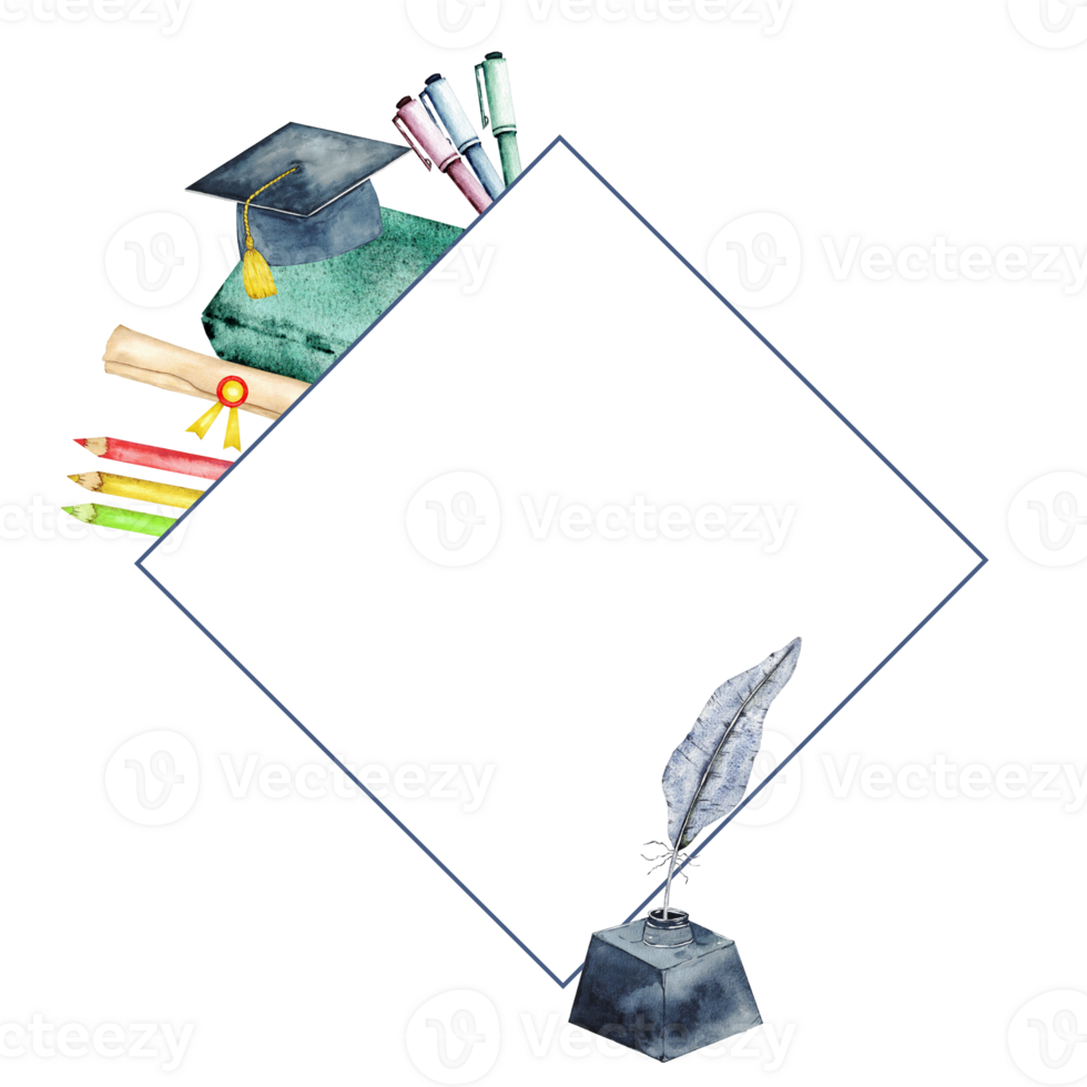 Creative back to school design with rhombus frame for kids education projects. Start of school year. Copy space. Watercolor illustration. Hand drawn. Isolated png