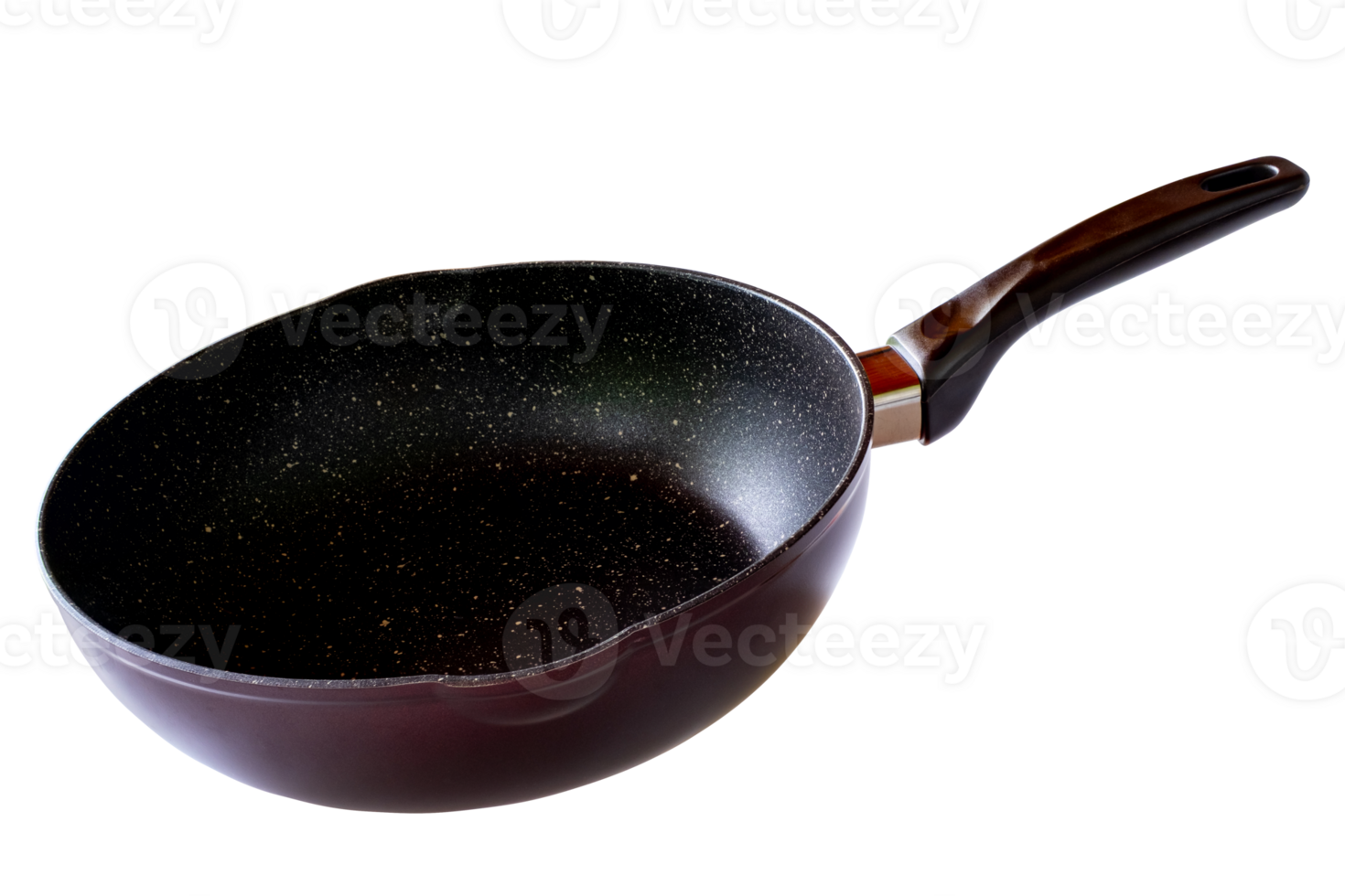 Black frying pan with a non stick teflon coating isolated on transparent background. Ideal for kitchenware ads, cookware catalogs, product packaging, and cooking related designs, File png