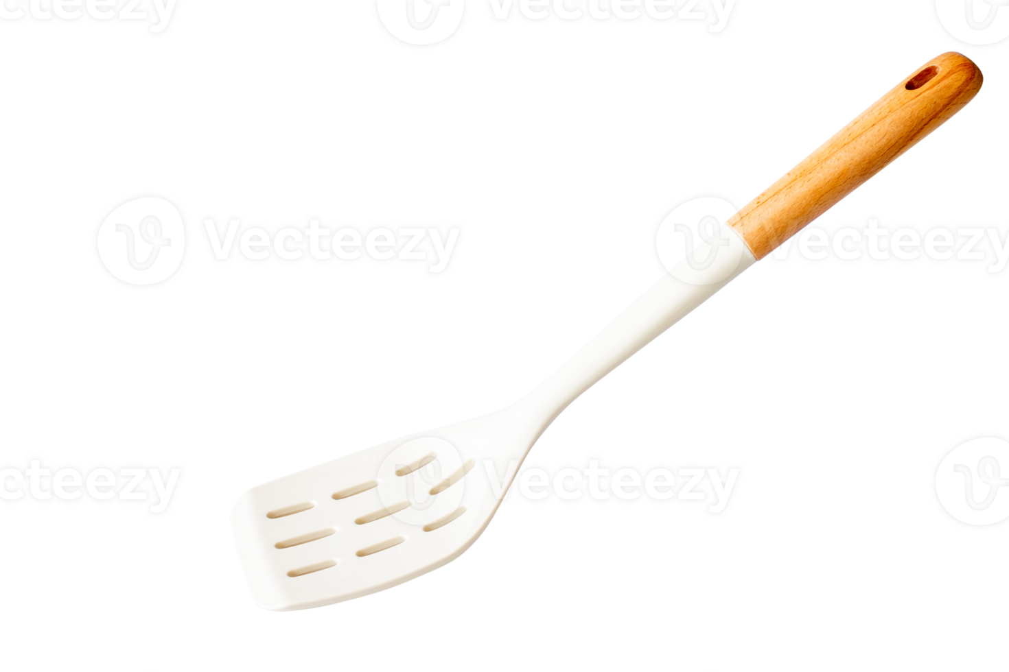 Modern slotted spatula with white silicone head and wooden handle isolated on transparent background, Perfect for kitchen utensil ads, product packaging, and cooking related designs, png