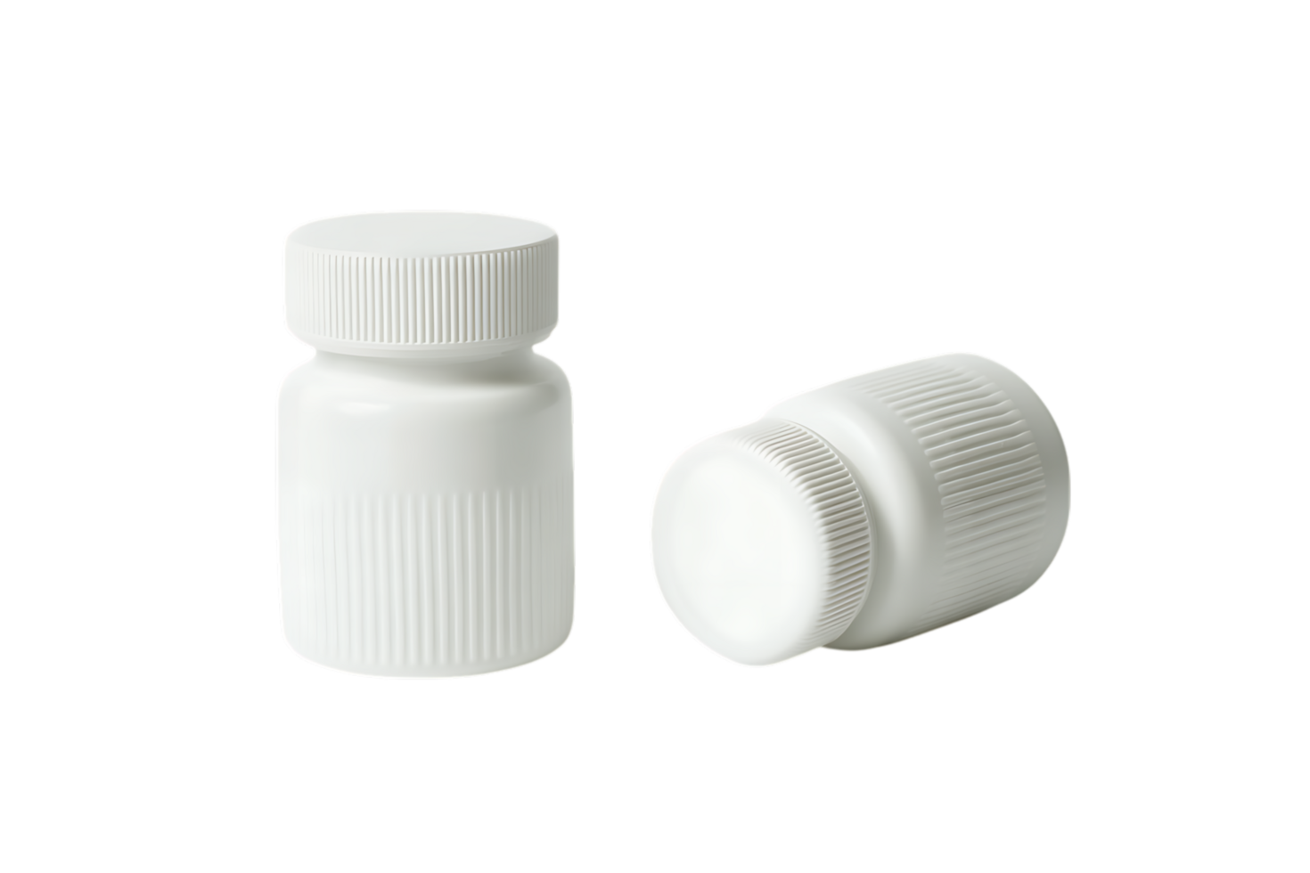 Two white plastic pill bottles, one upright, one cap separate. Mockup for medicine, supplement, or health product. png