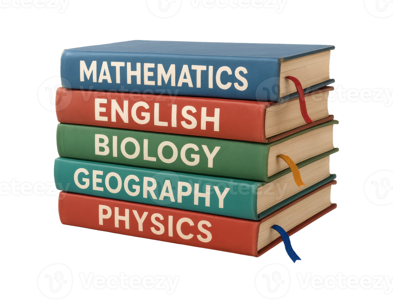 Stack of school books with subject titles isolated on transparent background png