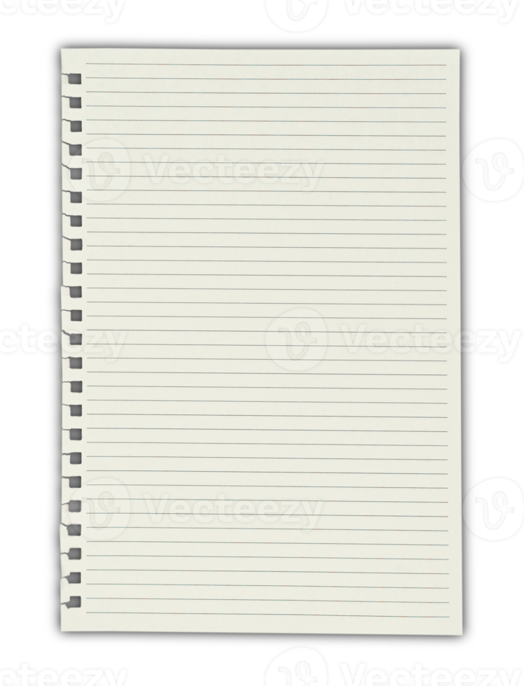Blank lined notebook page with spiral edge isolated on transparent background png
