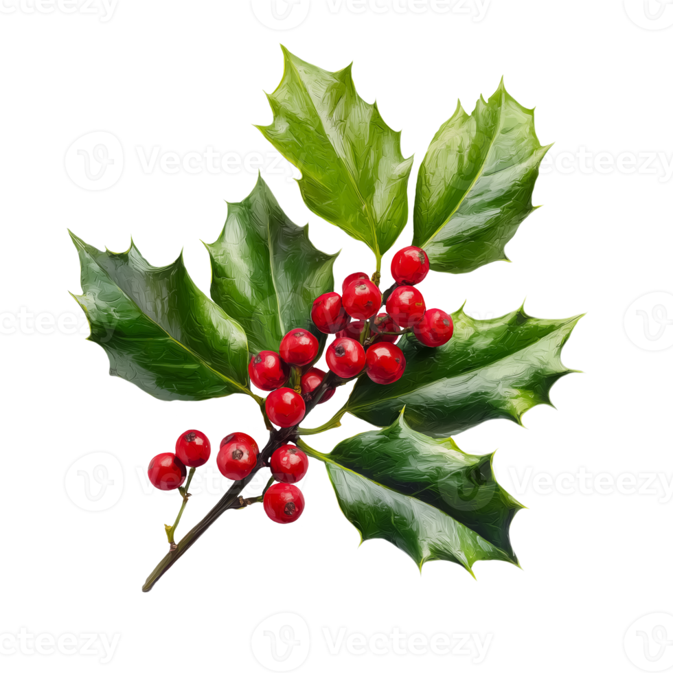Christmas holly branch with red berries isolated on transparent background png