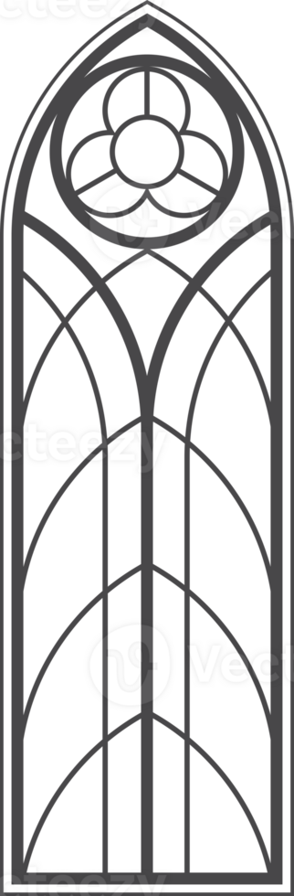 Church window with pattern of stained glass. Cathedral vintage arches. Silhouette of castle frame. Catholic border decorative architecture element png