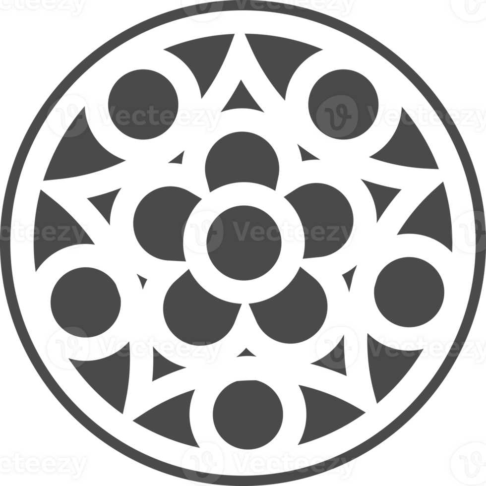 Gothic circle rose window with medieval ornament. Silhouette of cathedral rosette. Christian architecture element with stained glass. Radial frame.. png